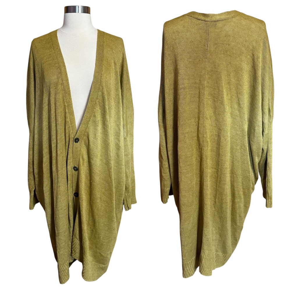 Eskandar Linen Bright Olive Knit Button Front Longline VNeck Cardigan Sweater OS